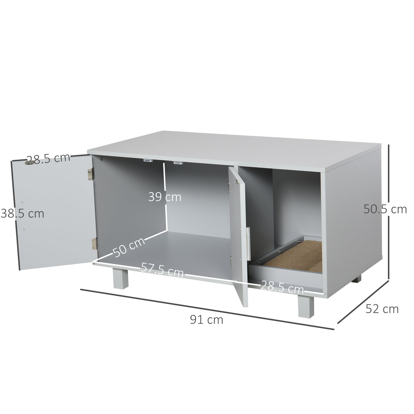 Wooden Cat Litter Box Enclosure & House with Nightstand/End Table Design, Scratcher, & Magnetic Doors, Grey