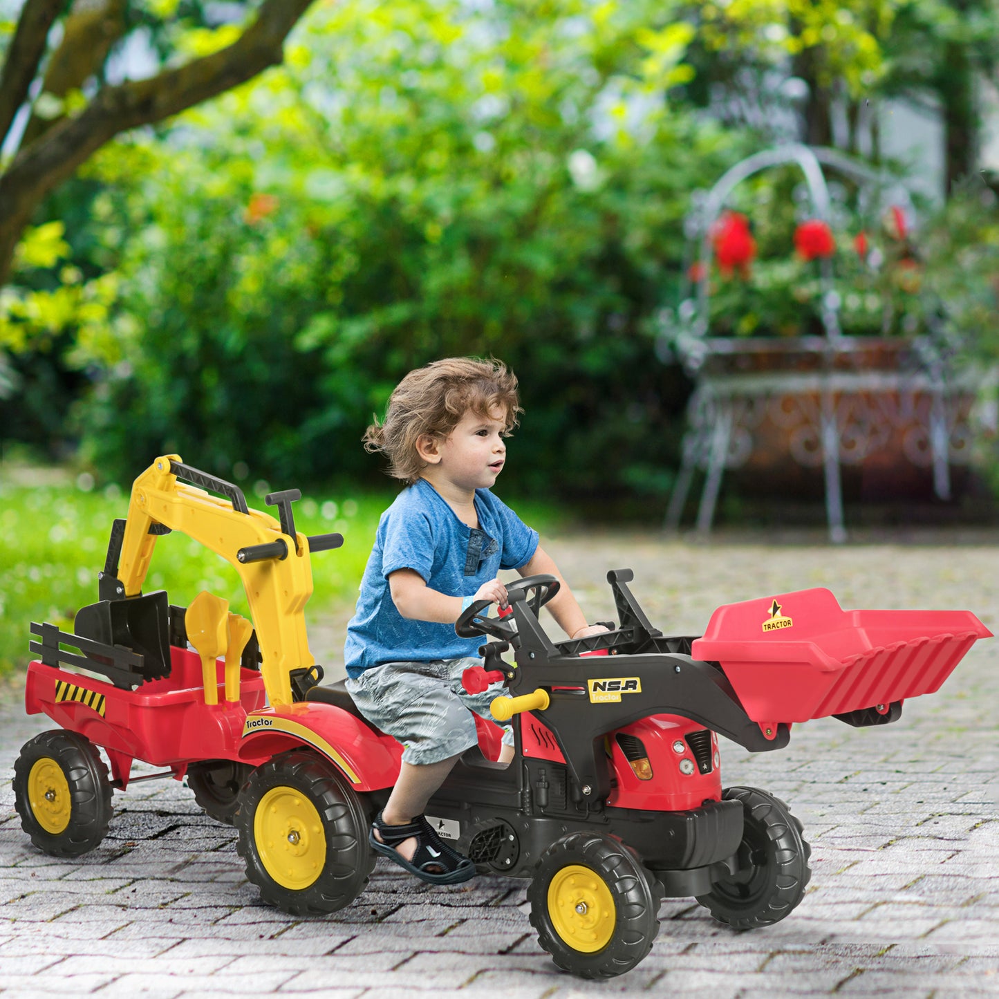 Ride On Tractor for Kids, 3 in 1 Ride On Excavator Toy Car with Adjustable Bucket, Digger and Removable Trailer