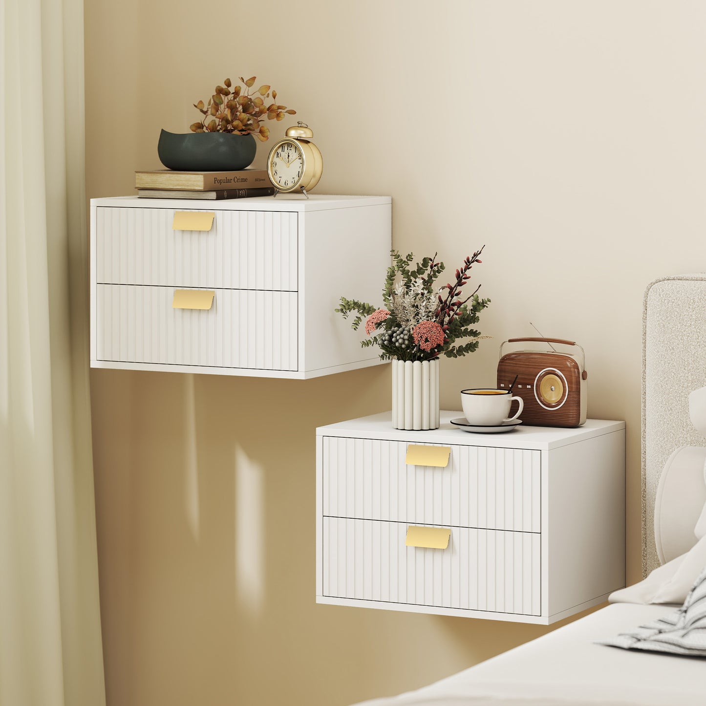 Modern Floating Nightstands Set of 2, Wall Mounted Bedside Tables with 2 Drawers, White