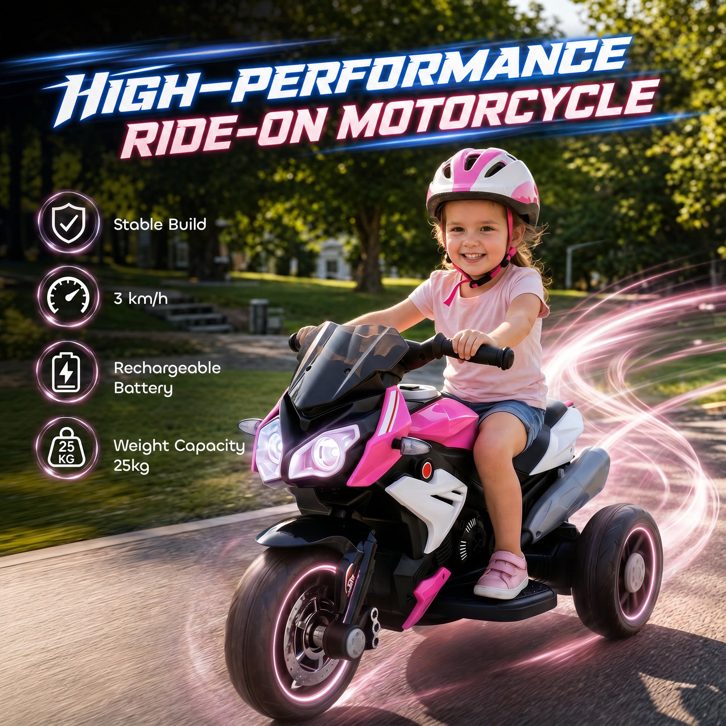 Kids Electric Motorcycle, 6V Ride on Motorcycle with 3 Wheels, LED Headlight, Music, Horn for Boys Girls 3-5 Y, Pink