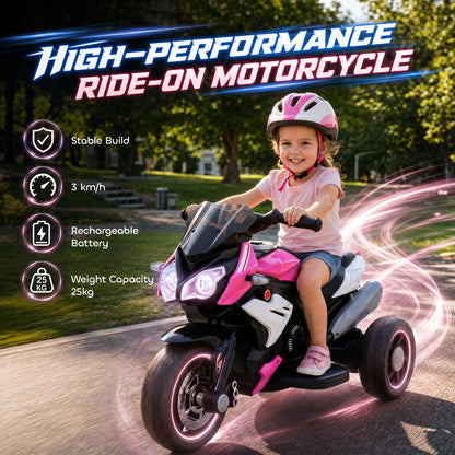 Kids Electric Motorcycle, 6V Ride on Motorcycle with 3 Wheels, LED Headlight, Music, Horn for Boys Girls 3-5 Y, Pink