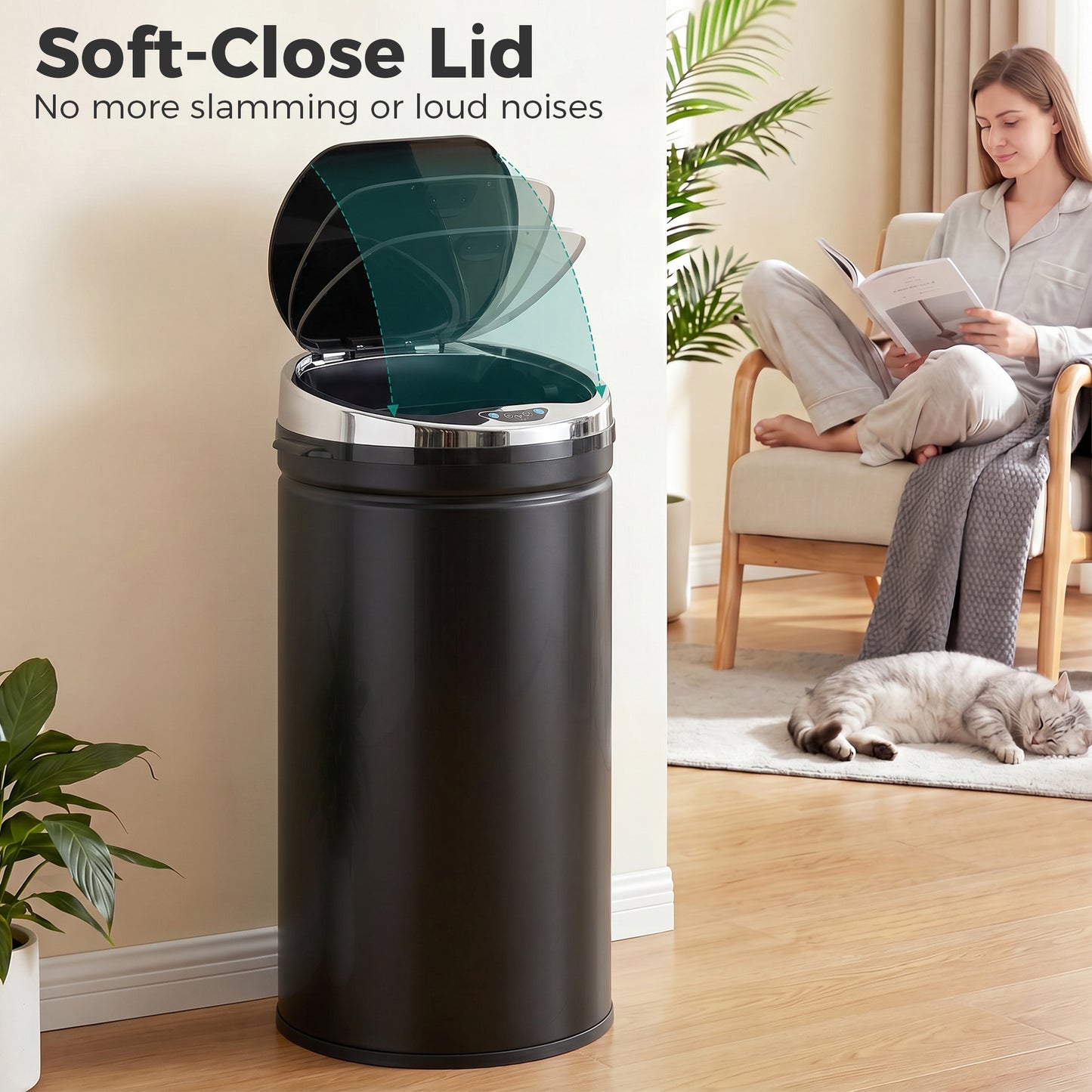 42L Round Sensor Bin with Quiet Soft-Close Lid, Hands-Free Motion Sensor Touchless Kitchen Bin