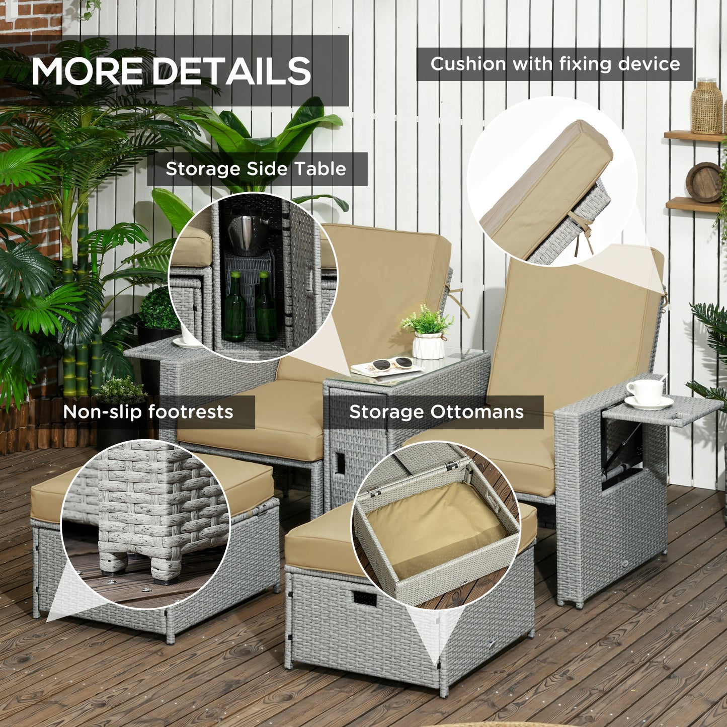 5PC PE Rattan Sun Lounger, Outdoor Wicker 5-level Adjustable Recliner Sofa Bed with Storage Side Table and Footstools