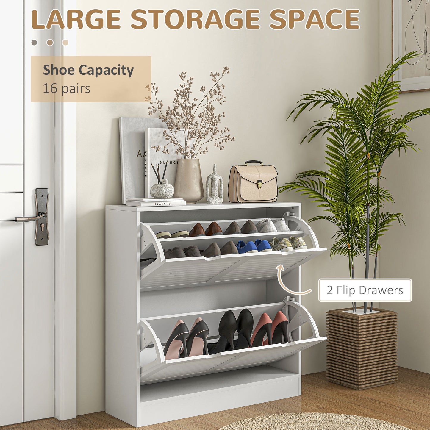 2 Drawers Entryway Shoe Cabinet, Narrow Shoe Storage Cabinet with 2 Flip Drawers