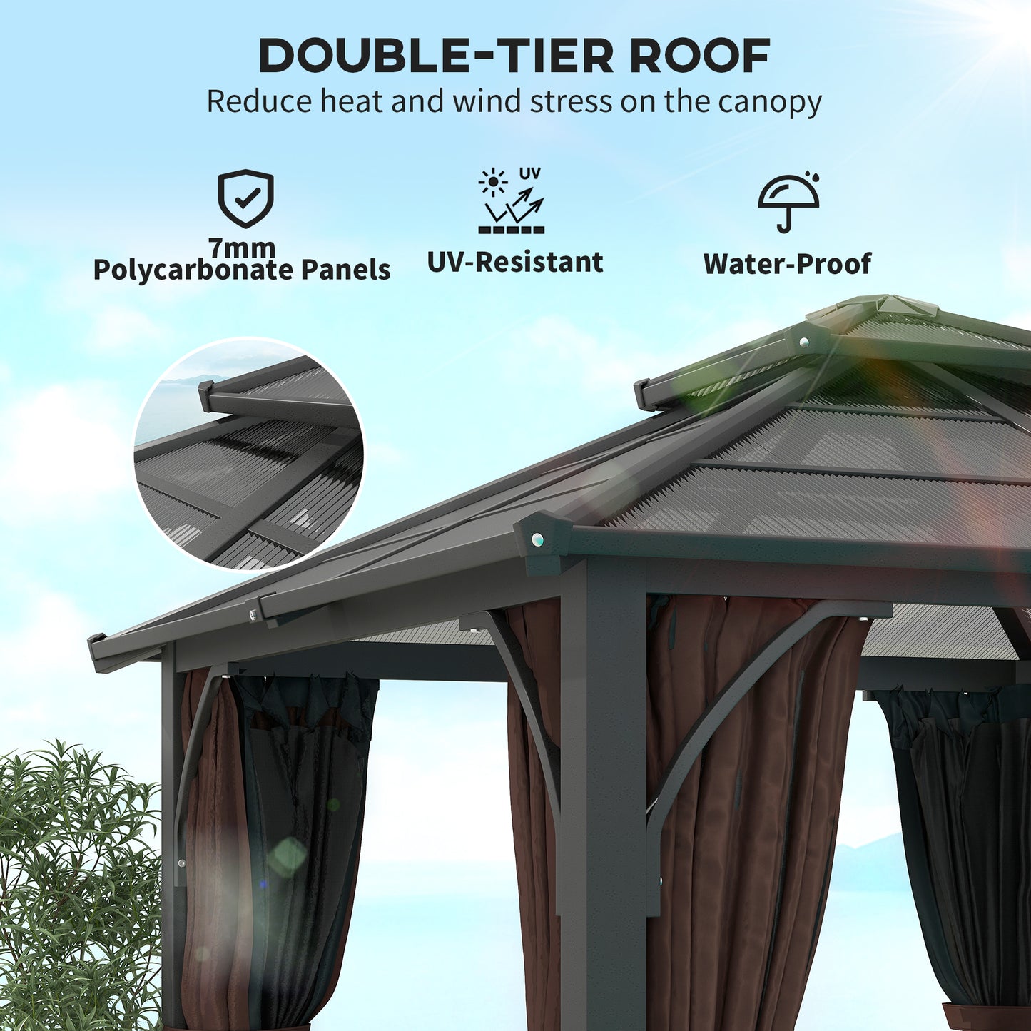 3 x 3(m) Hardtop Gazebo Canopy with 7mm Polycarbonate Double-Tier Roof, Garden Gazebo Permanent Pavilion
