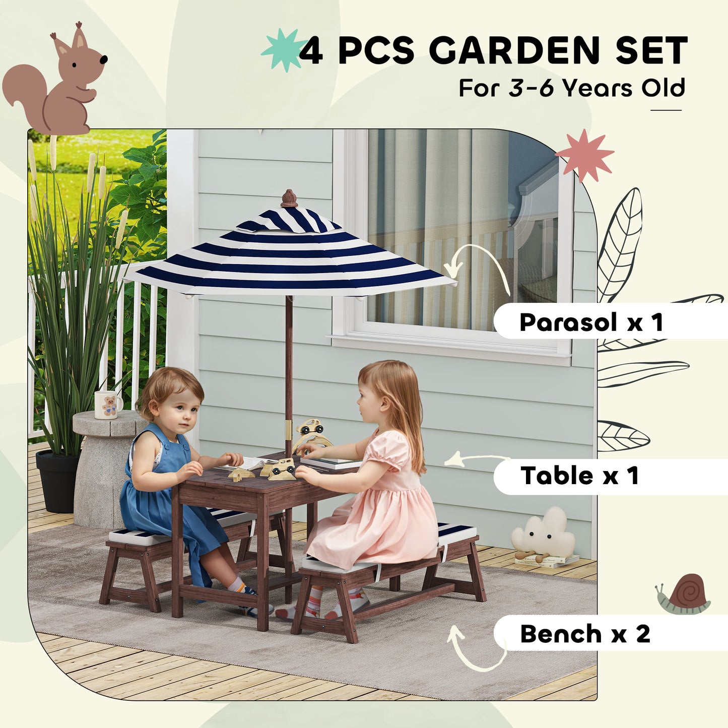 Outdoor Wooden Kids Picnic Table & Bench Set with Cushions and Umbrella, for Patio, Garden, Navy Blue