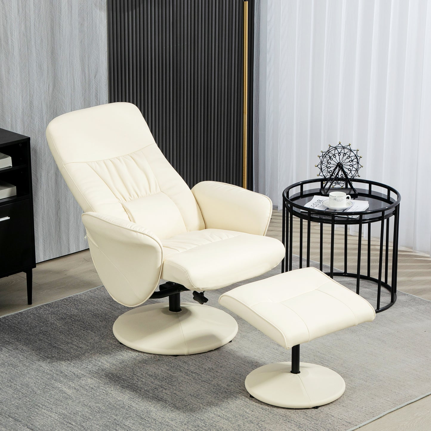 Swivel Recliner Chair with Footstool, PU Leather Armchair and Ottoman with High Back and Round Base for Living Room