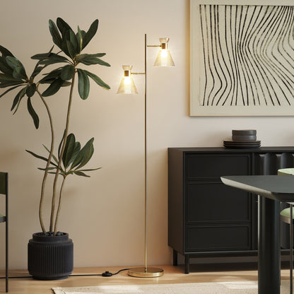 Floor Lamp with Adjustable Dual Head, Modern Standing Lamp with Floral Glass Shades and Foot Switch for Living Room Bedroom