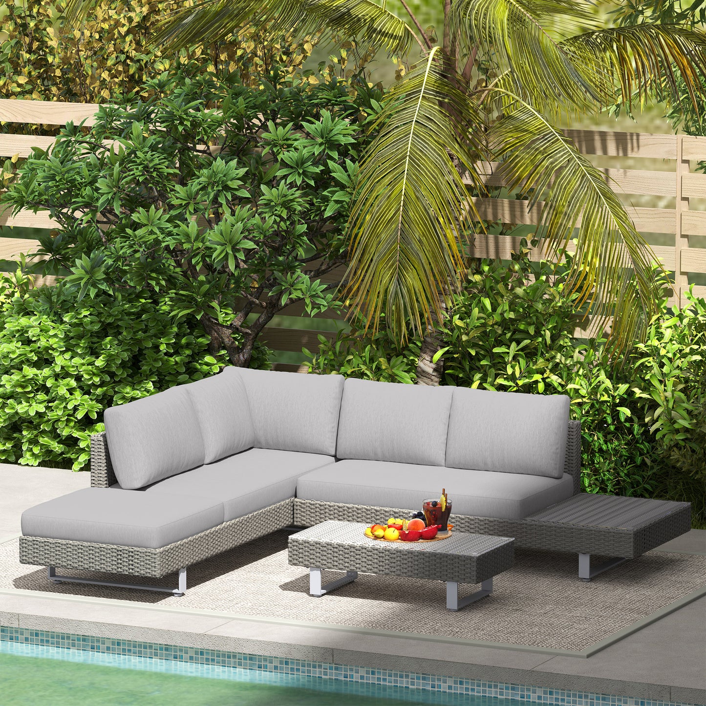 Three-Piece Rattan Sofa Set, with Cushions - Light Grey