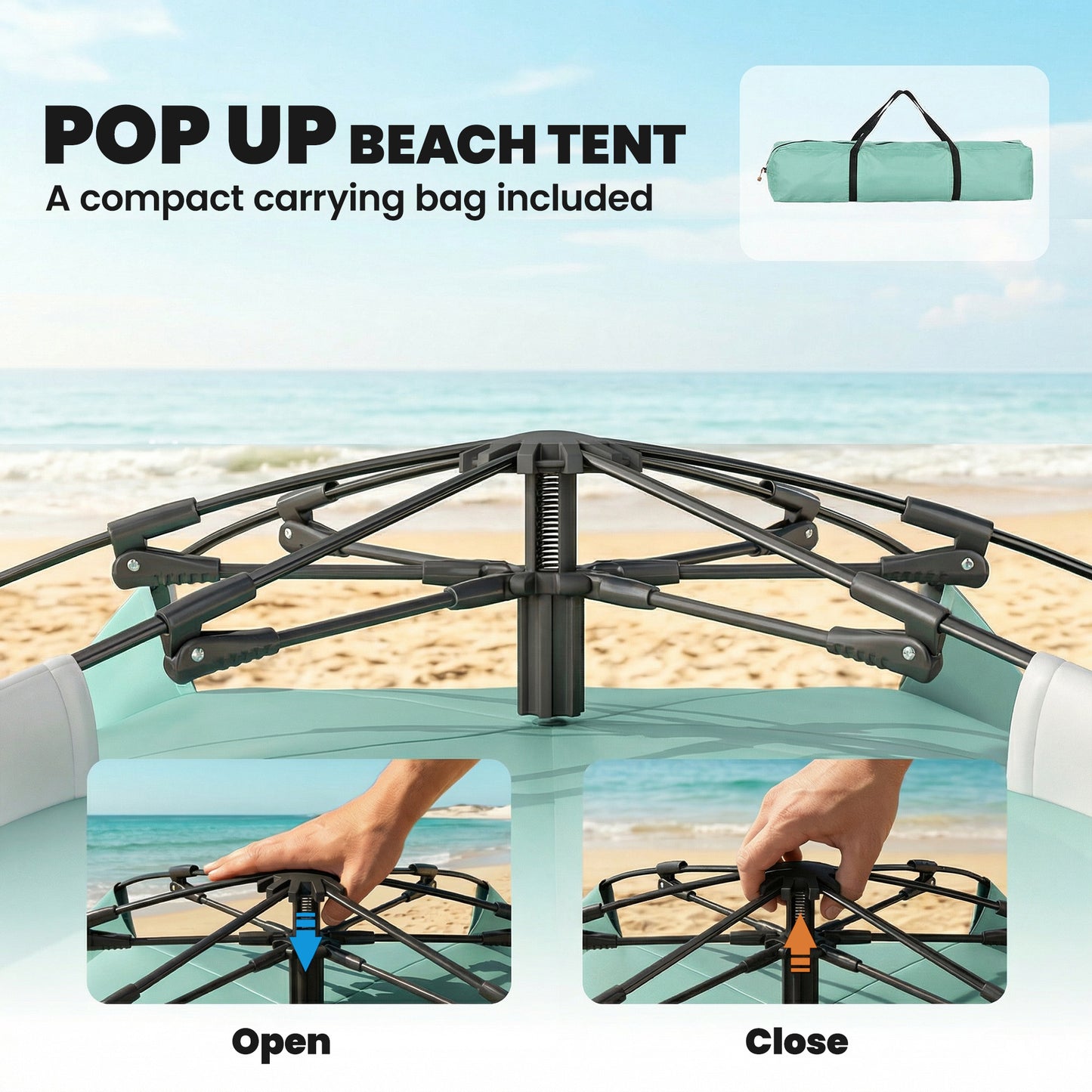 2-3 Person Pop Up Beach Tent, UPF15+ Sun Shelter with Extended Floor, Sandbags, Mesh Windows and Carry Bag, Green
