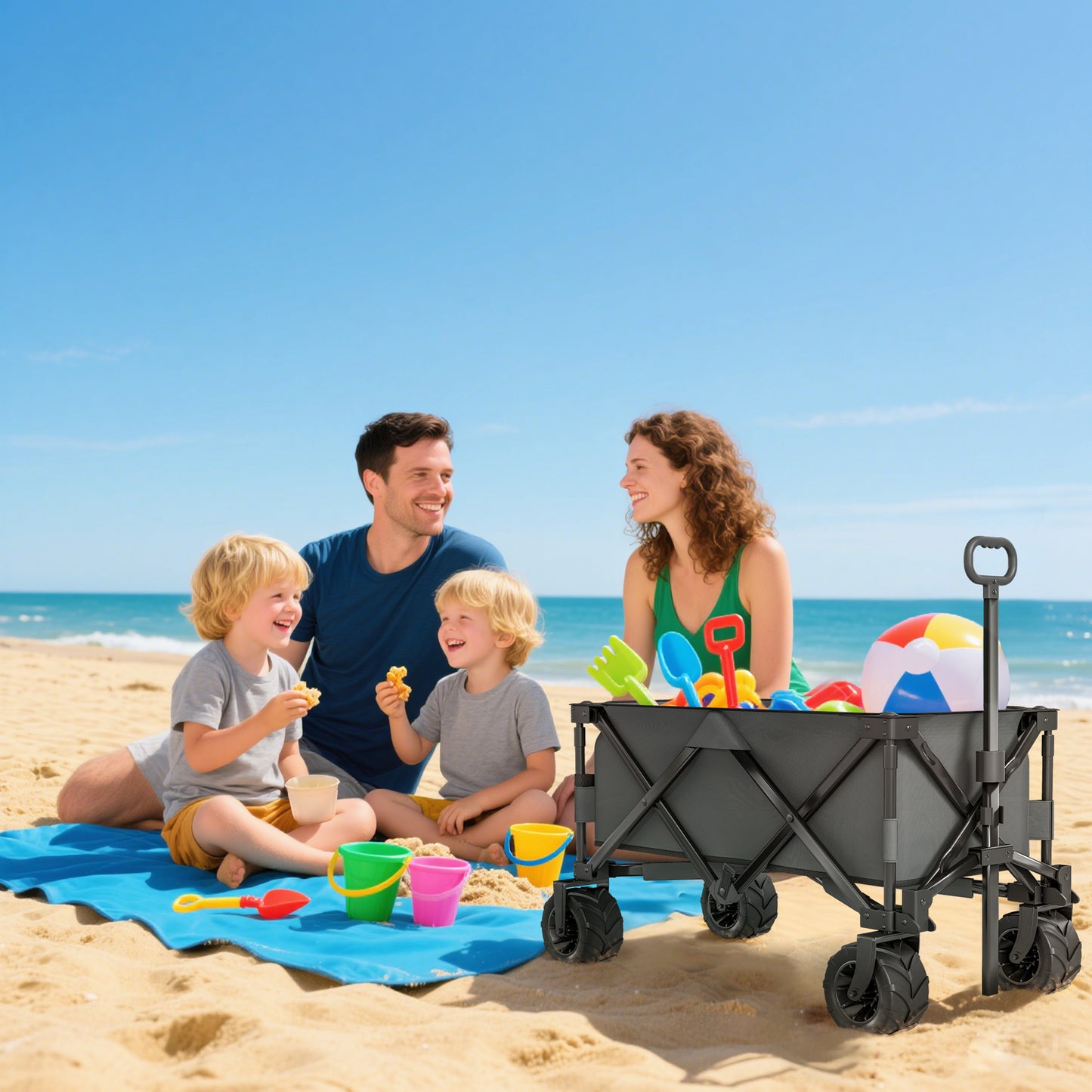 Outdoor Pull Along Cart Folding Cargo Wagon Trailer Trolley for Beach Garden with Handle, Anti-Slip Wheel - Dark Grey