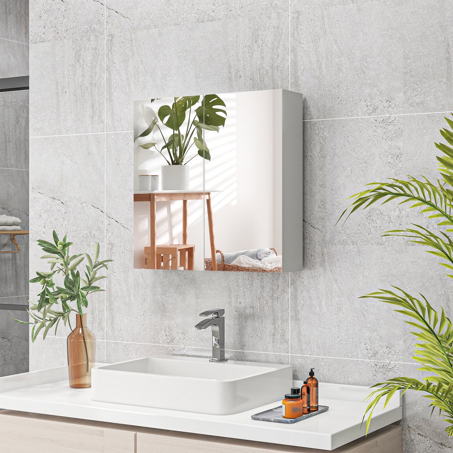 Bathroom Mirror Cabinet, Wall Mounted Bathroom Storage Cupboard with Adjustable Shelf, 60W x 15D x 60Hcm, High Gloss White