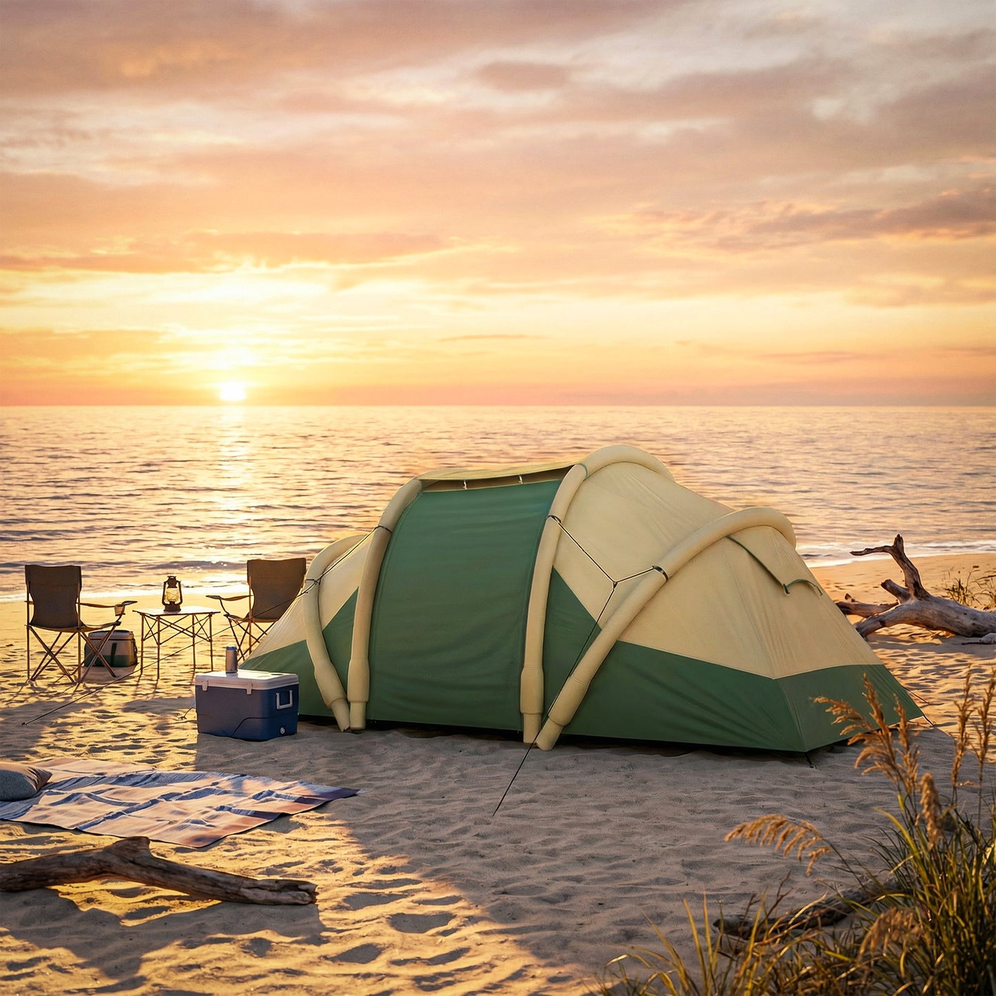 Inflatable Tent 2 Bedroom Tunnel Design Windproof Air Tent with Carry Bag for 4 Person