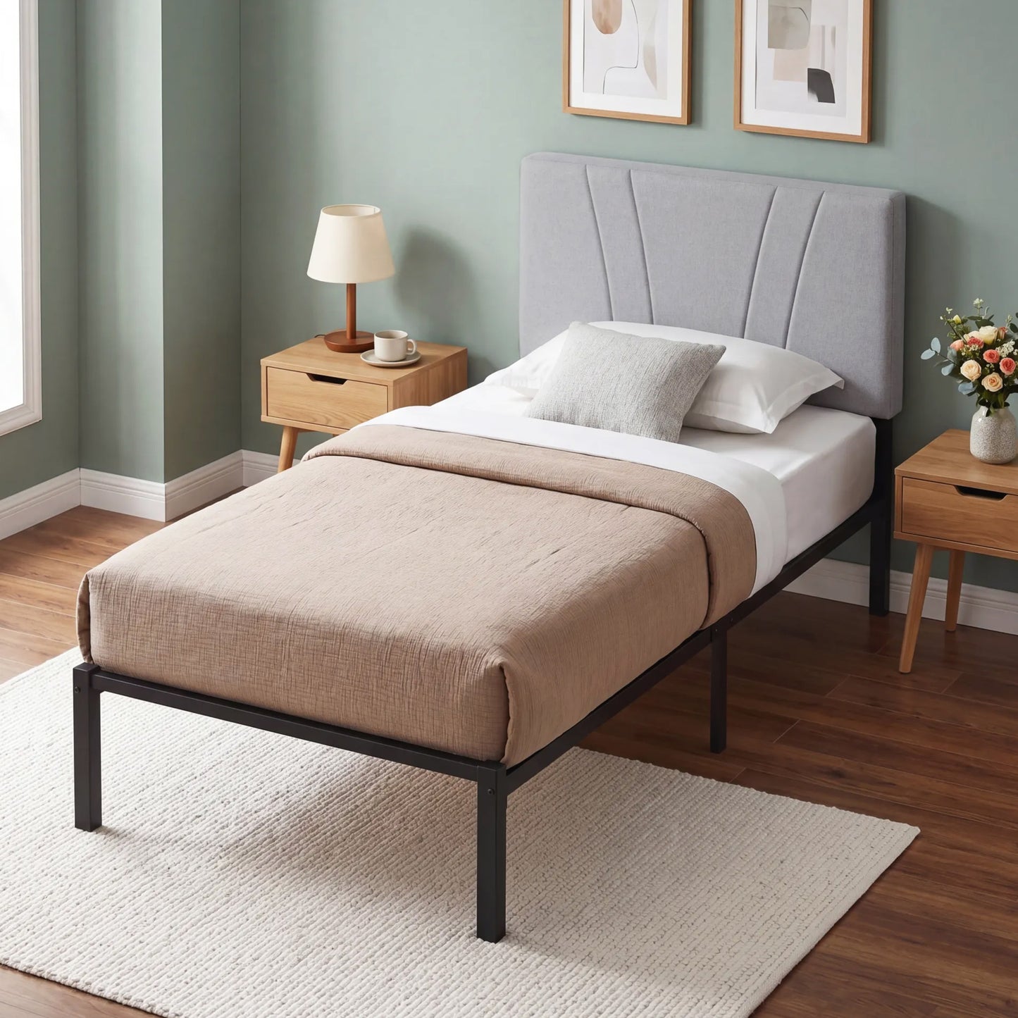 3FT Single Bed Frame with Upholstered Headboard and Underbed Storage, Black and Light Grey