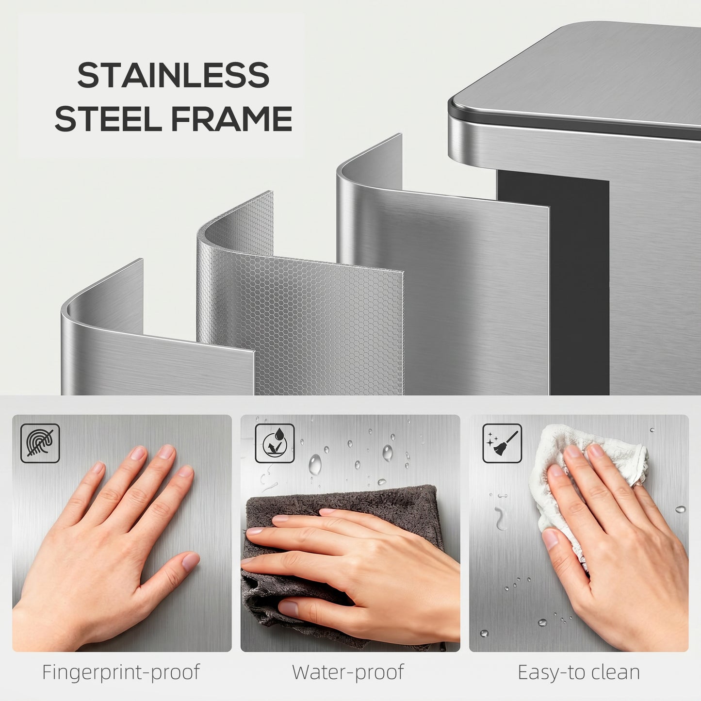 3 x 20L Pedal Bin, Steel Triple Kitchen Bin with Soft Close Lid, Removable Inner Buckets, Fingerprint-Proof, Silver Tone