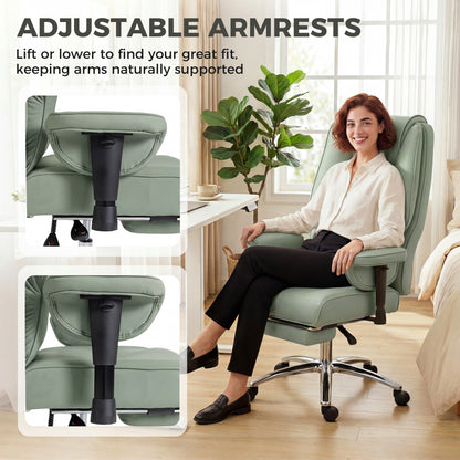Executive Office Chair, Reclining Desk Chair with Footrest, Adjustable Armrests, Pet Friendly Faux Leather, Green