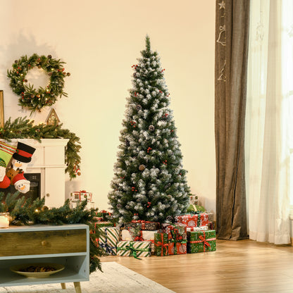 6FT Artificial Christmas Tree Xmas Pencil Tree with Red Berries and Pinecones Holiday Home Indoor Decoration with Foldable Fe