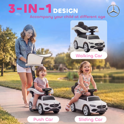 3 in 1 Licensed Benz Ride on Push Car with Handle, Canopy, Guardrails, Horn, Music, Storage for 12-36 Months, White