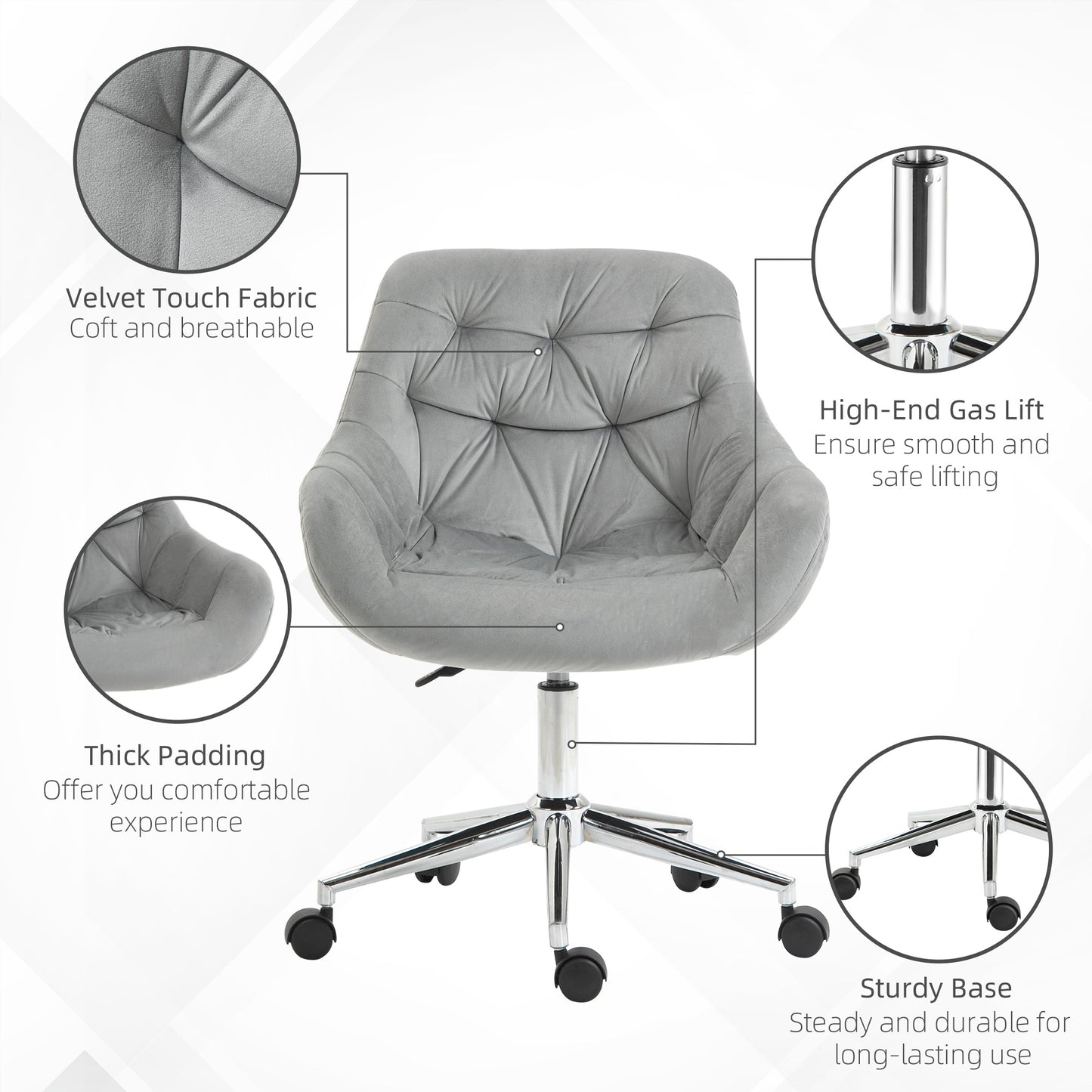 Home Office Chair Velvet Ergonomic Computer Chair Comfy Desk Chair with Adjustable Height, Arm and Back Support, Grey