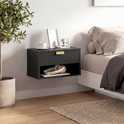 Set of 2 Wall Mounted Nightstands, Floating Bedside Tables with Fluted Drawer and Open Shelf for Small Bedroom, Black