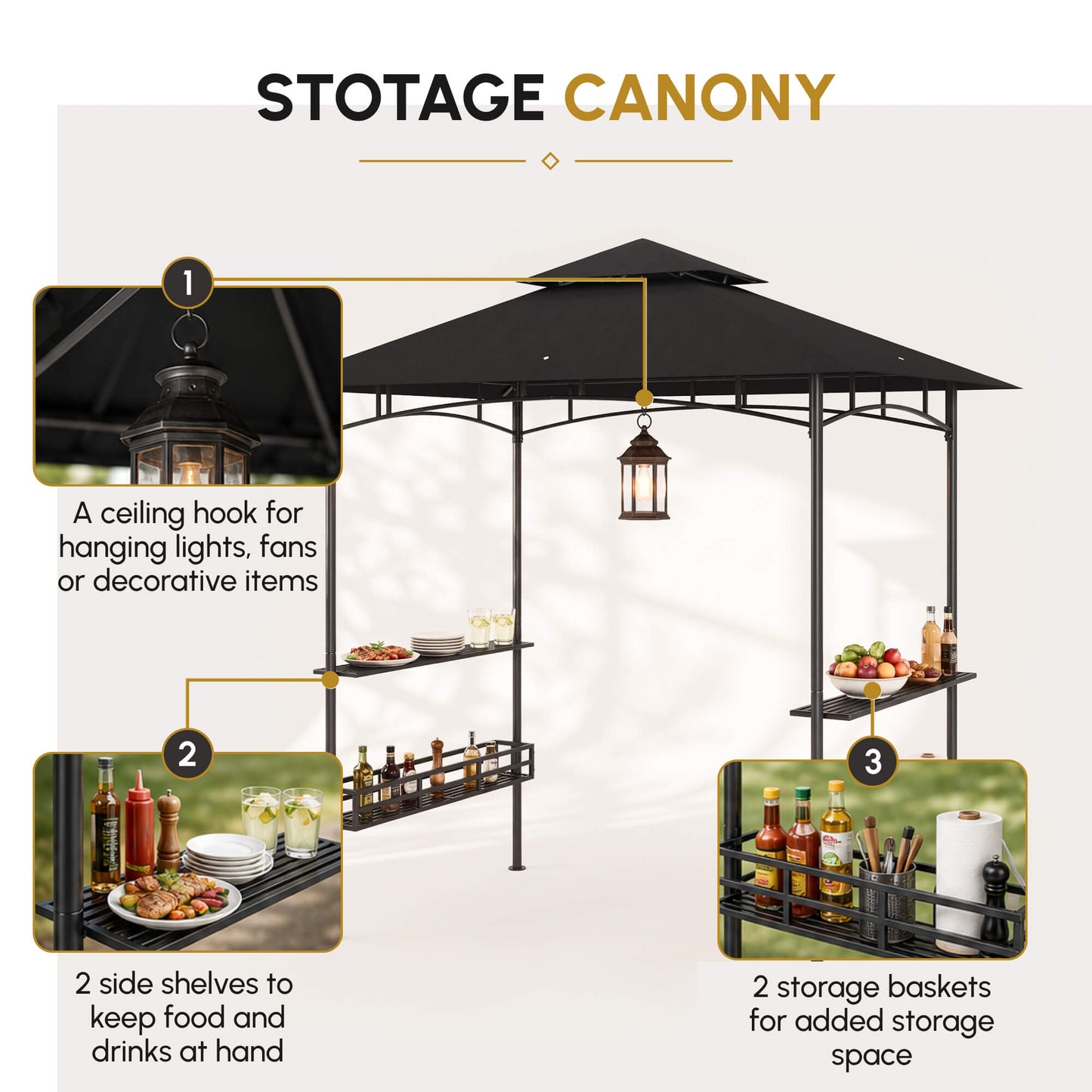 150 x 240cm BBQ Grill Gazebo, with Shelves - Grey