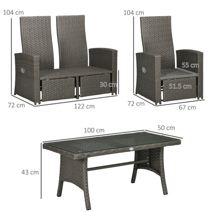 4 Piece Rattan Garden Furniture Set Outdoor Sofa Sectional Set with Glass Top Table for Poolside, Grey