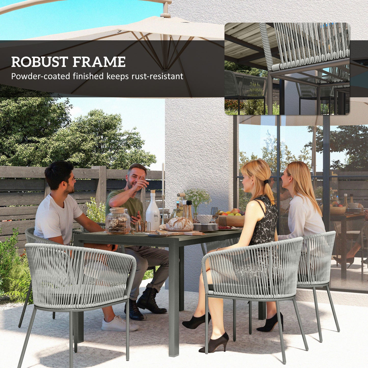 Rattan Dining Set, 6 Seater Rattan Garden Furniture Set with Acacia Wood Top Rectangle Table, 6 Chairs