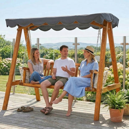 3 Seater Garden Swing Seat with Canopy, Wooden Swing Chair, Outdoor Hammock Bench for Balcony Patio Porch, Dark Grey