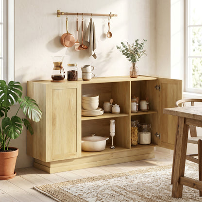 Sideboard Buffet Cabinet, 133 cm Storage Cabinet with 2 Open Shelves, 2 Cupboards and Soft Close Doors, Natural