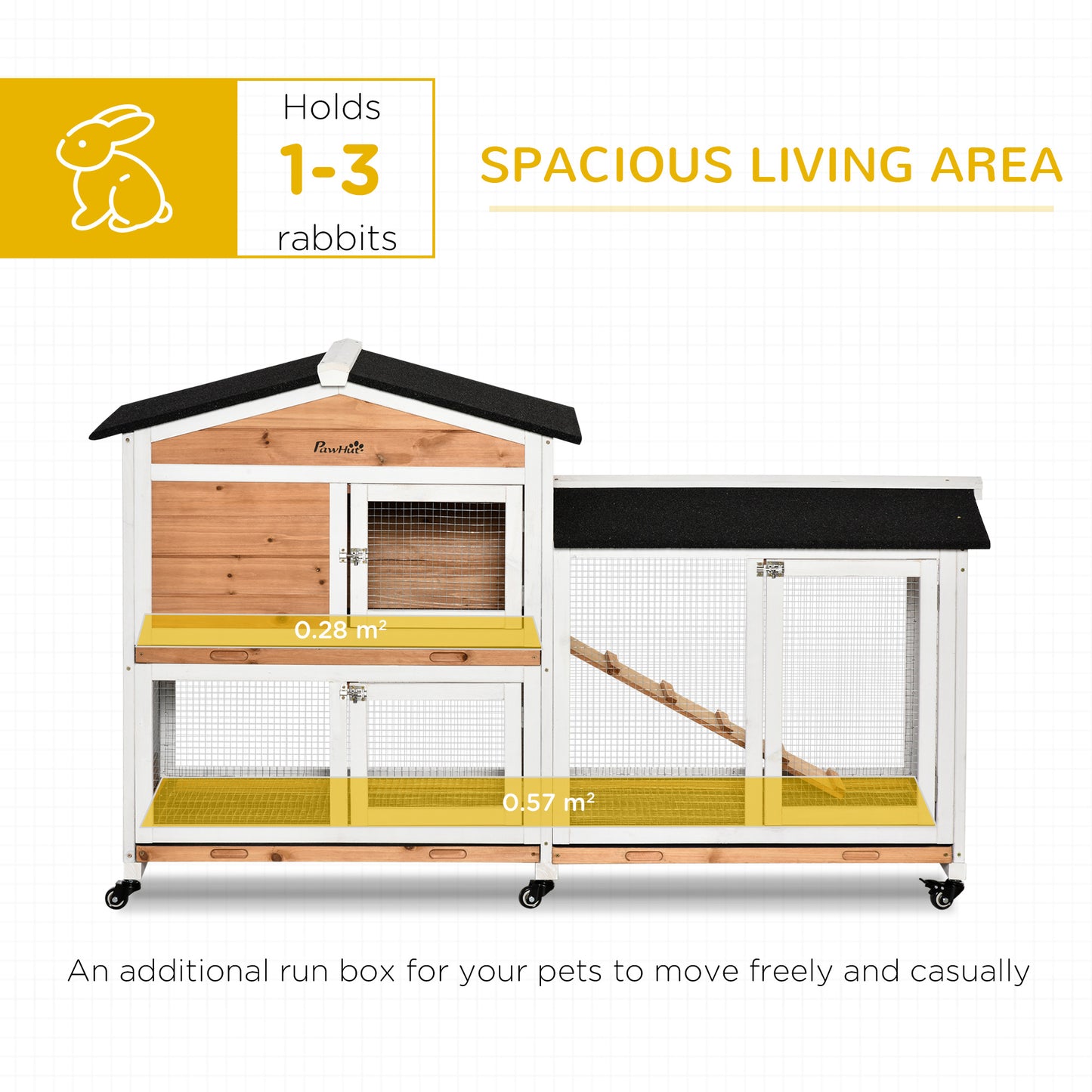 Rabbit Hutch Outdoor with Run Guinea Pig Hutch 2-Tier Bunny Cage w/ Wheels No-Leak Plastic Tray 157.4 x 53 x 99.5 cm - Yellow