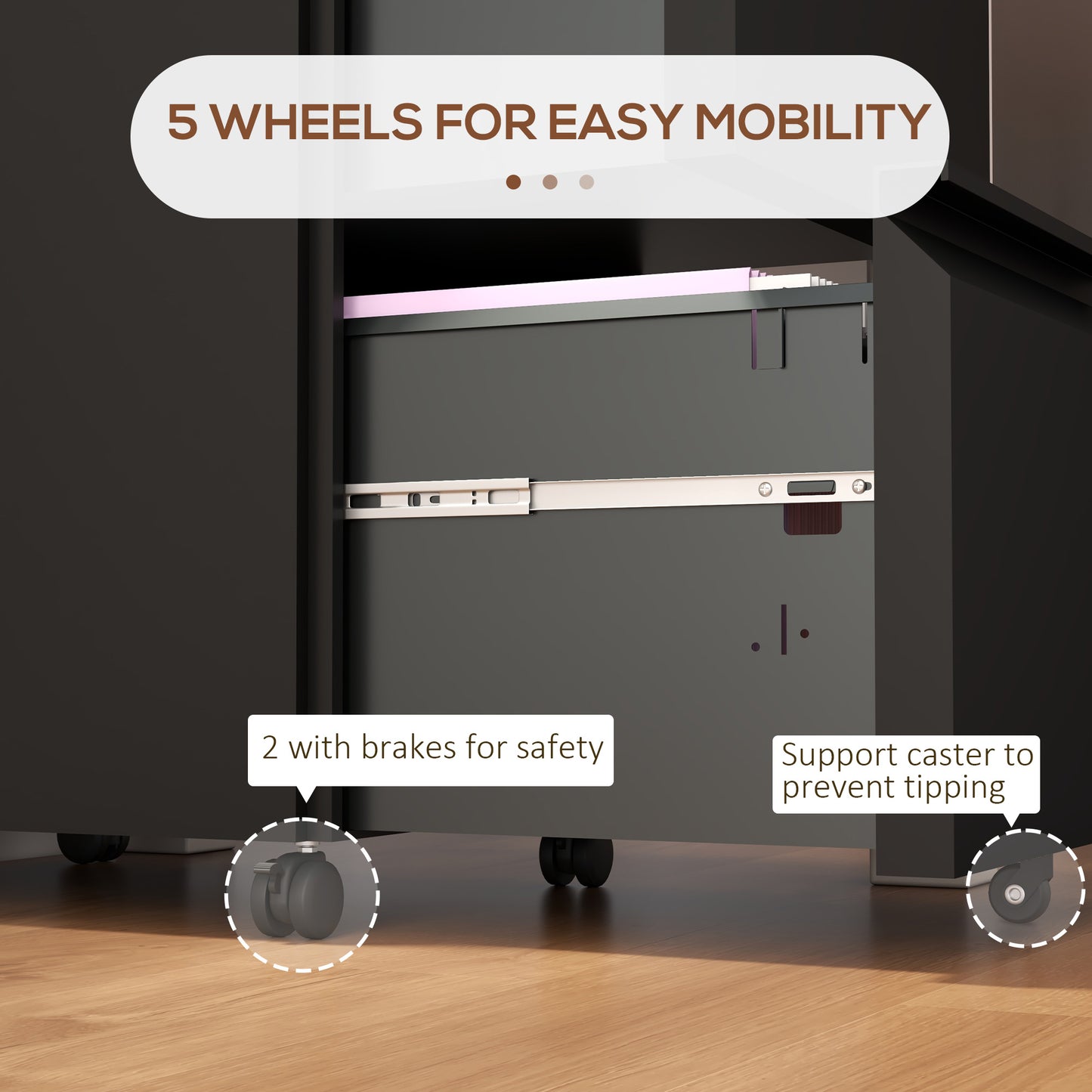 2-Drawer Mobile Filing Cabinet, Metal Lockable File Cabinet for Letter, A4 and Legal Size, Pre-Assembled Body, Black