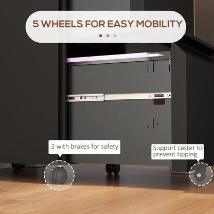 2-Drawer Mobile Filing Cabinet, Metal Lockable File Cabinet for Letter, A4 and Legal Size, Pre-Assembled Body, Black