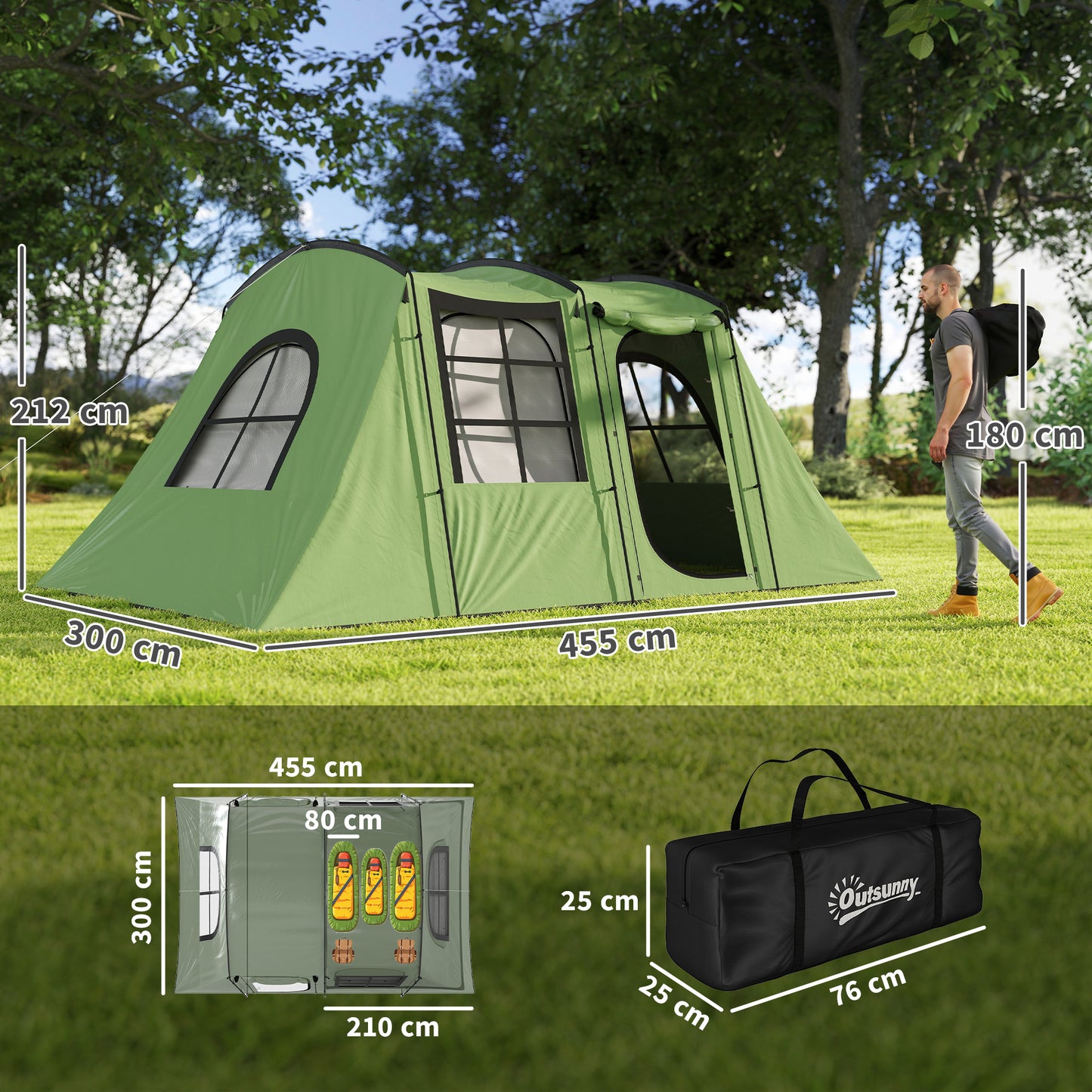 4 Man Tunnel Tent, Family Camping Tent with Porch, Bedroom and Living Area, Sewn in Groundsheet, 3000mm Waterproof