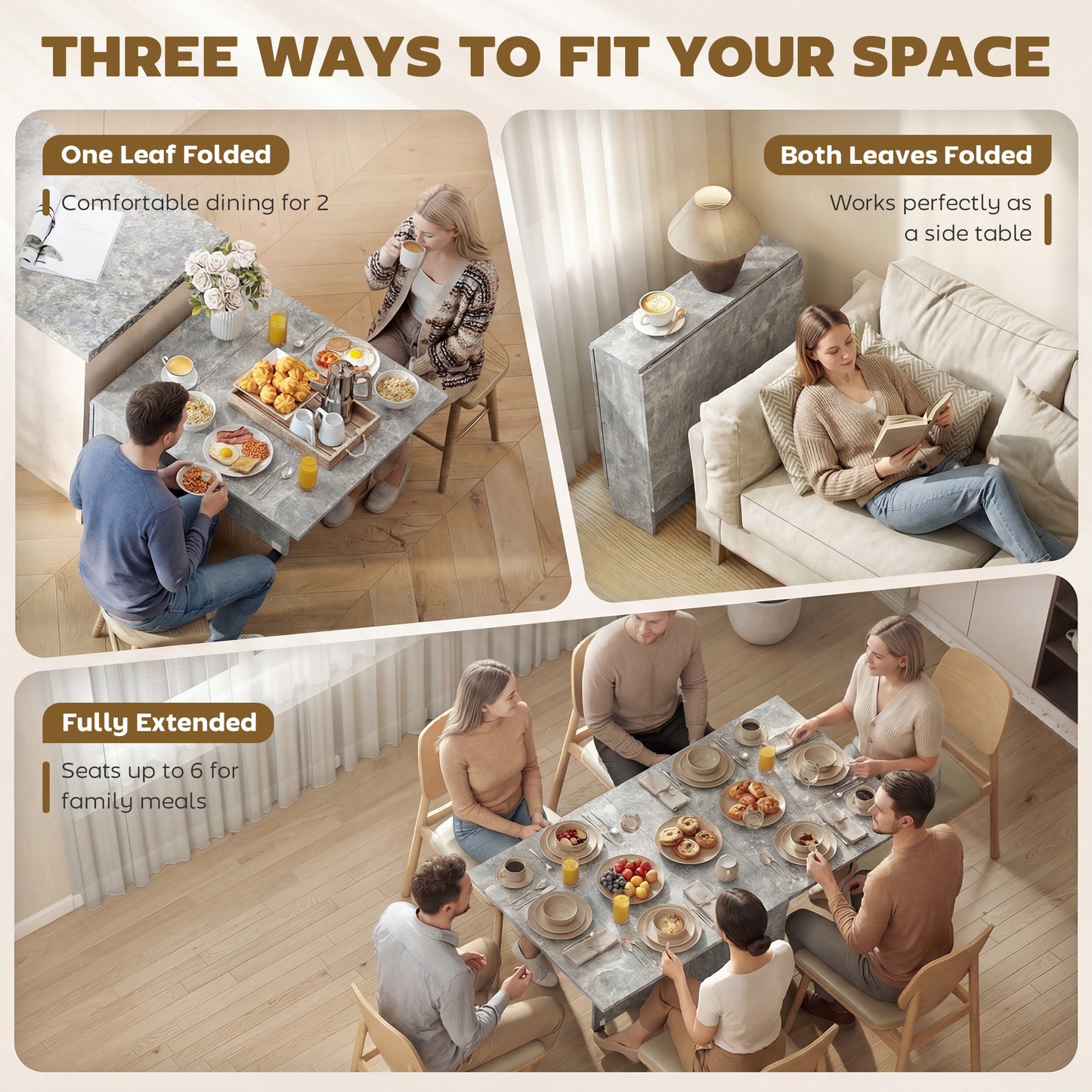 80-140 cm Folding Dining Table for 4-6 People, Drop Leaf Table with 2-Tier Shelves, Rolling Casters, for Small Spaces