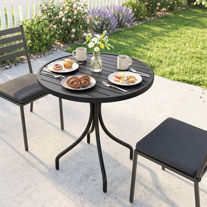 66cm Patio Table, Round Garden Table, Outdoor Side Table with Steel Frame and Slat Tabletop, Black