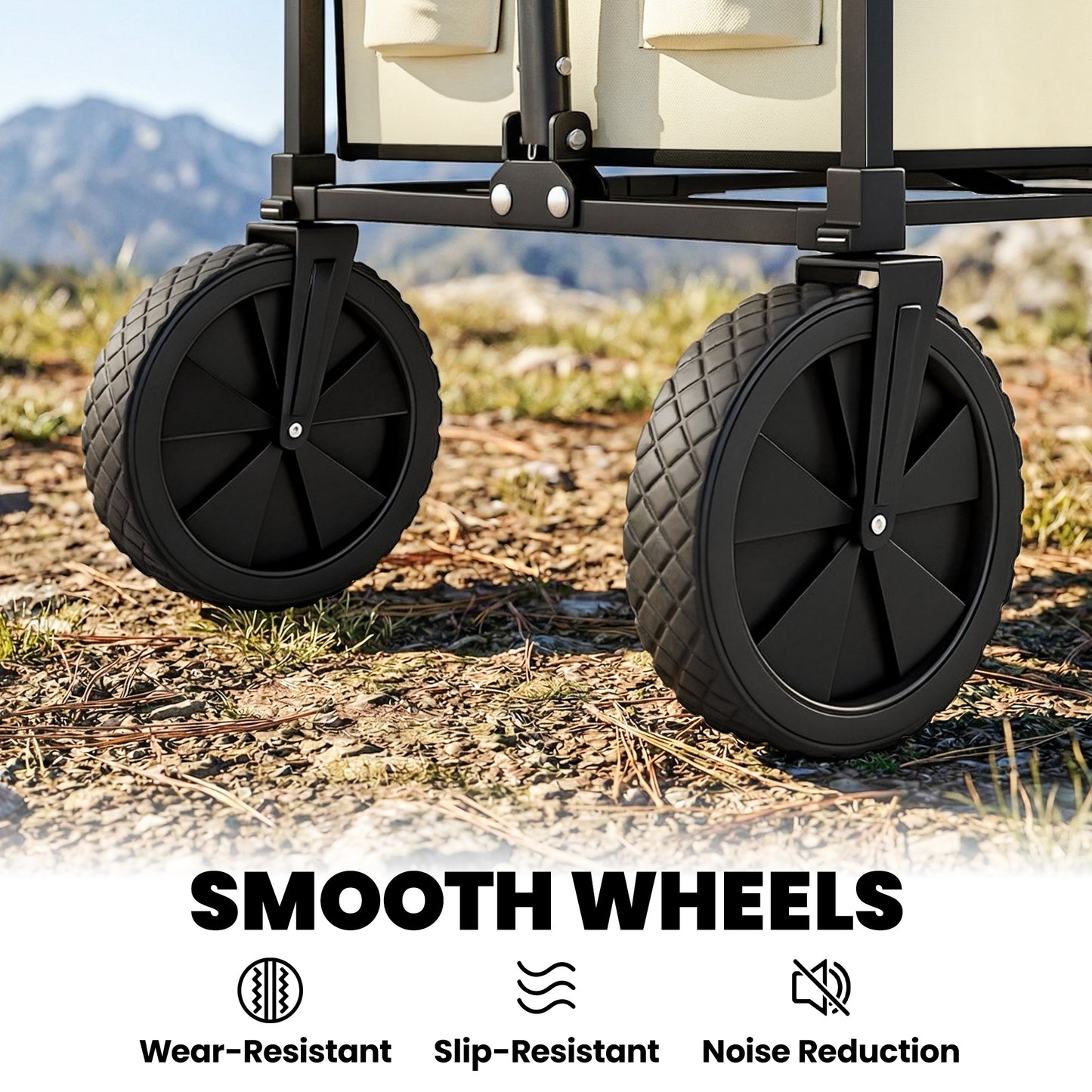 95L Foldable Festival Trolley on Wheels, Collapsible Wagon Cart with Adjustable Handle and 2 Cup Holders, Khaki