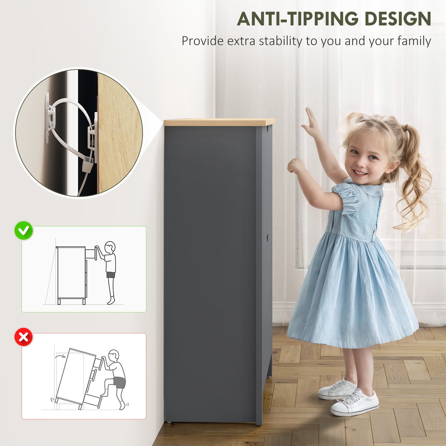 Slim Shoe Cabinet, Narrow Shoe Cupboard with 2 Flip Drawers, Adjustable Shelves for 12 Pairs of Shoes, Charcoal Grey