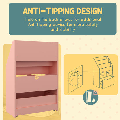 Kids Bookshelf, Toy Organiser, with Storage Drawer, Wheels - Pink
