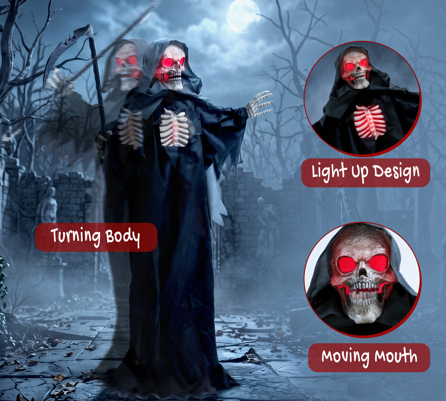170cm Life Size Animated Grim Reaper Halloween Decoration, Scary Halloween Animatronics Decor with Sound Touch Activated