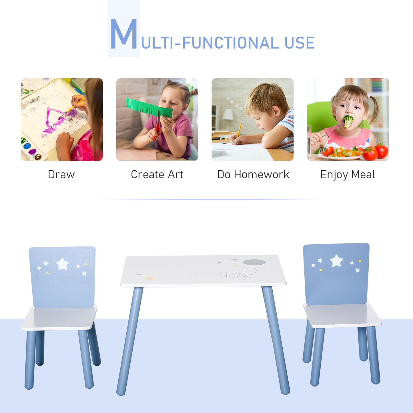 3 Pcs Kids Table & Chairs Set w/ Wood Legs Safe Corners Cute Stars Seating Mini Furniture Home Playroom Bedroom Dining Room B