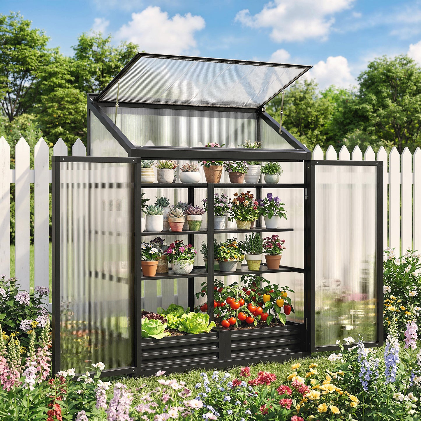 Polycarbonate Greenhouse with Hinged Door, Top Vent, Lean-to Green House, Walk-in Greenhouse, 4 x 2ft, Black
