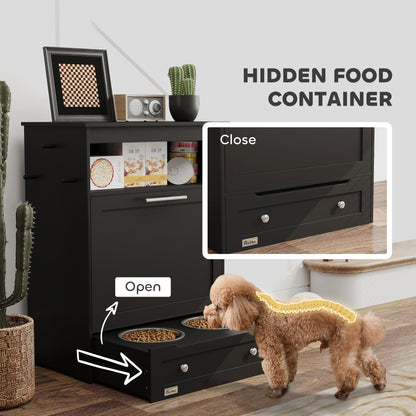 Pet Feeder Station, Dog, Cat Storage Container, with Raised Bowls, Hanger, Cabinet - Black