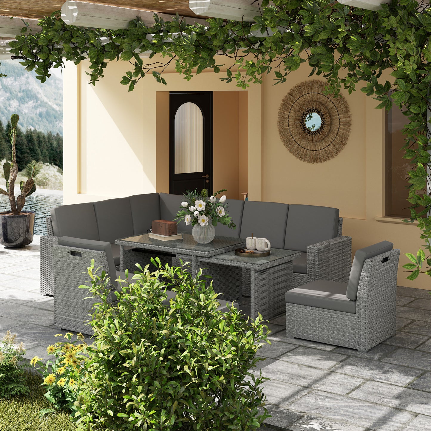 Seven-Piece Rattan Garden Sofa Set, with Expanding Table - Light Grey