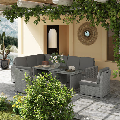 Seven-Piece Rattan Garden Sofa Set, with Expanding Table - Light Grey