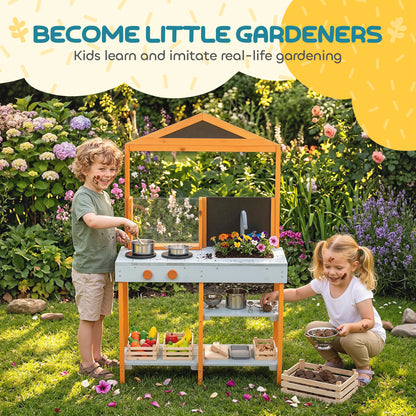 Mud Kitchen for Kids, Outdoor Wooden Play Kitchen with Sink, Stove, Cookware, Shelves, Pretend Play Toy for Ages 3-8