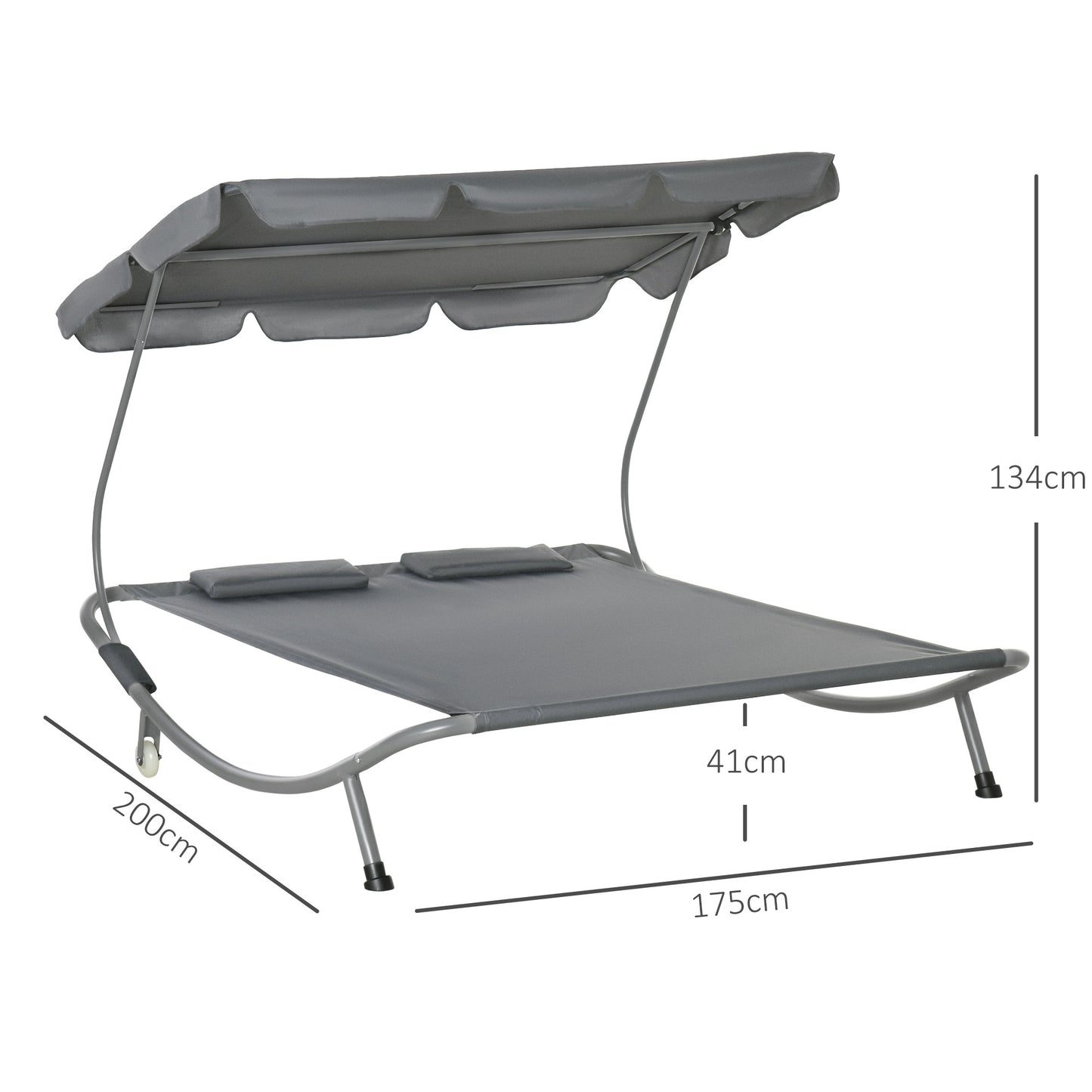 Double Sun Lounger with Adjustable Detachable Canopy, Portable Garden Daybed for 2 with Wheels, Outdoor Sunbed Hammock