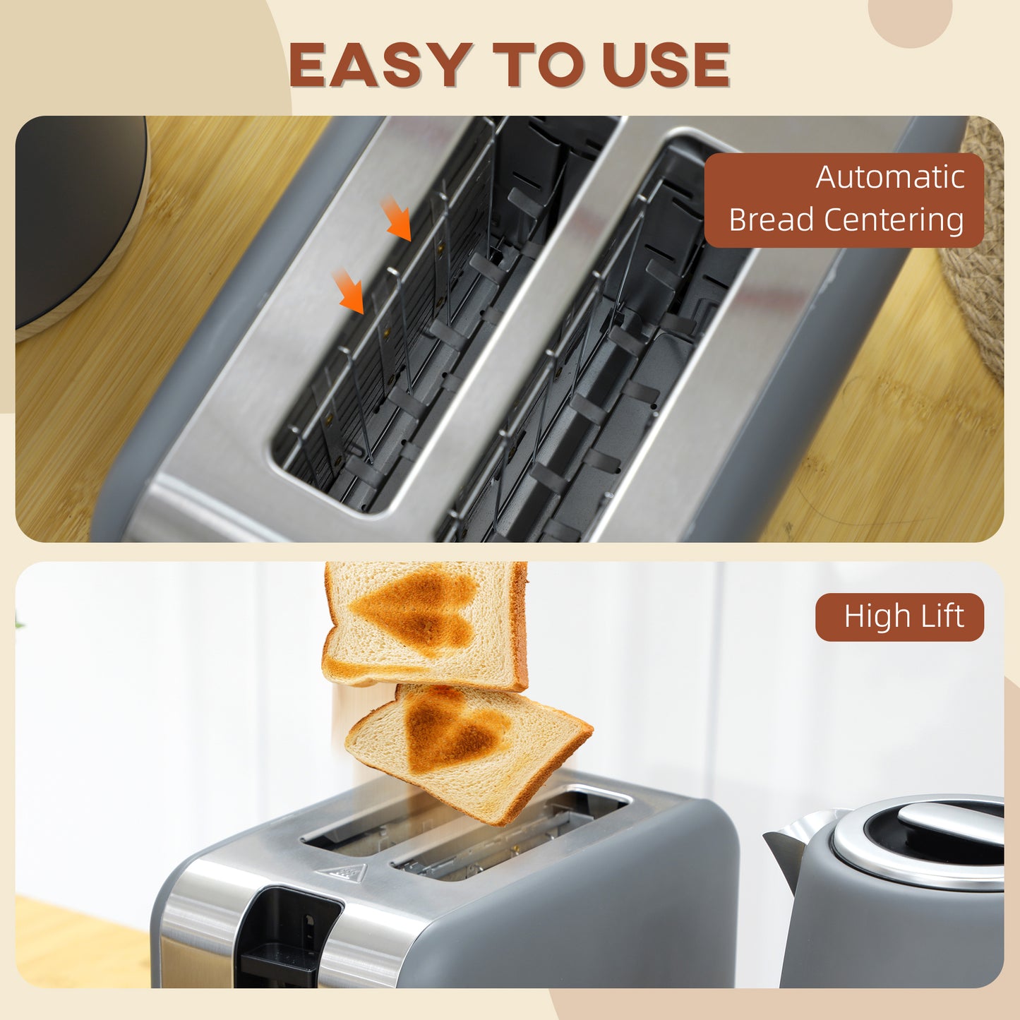 Stainless Steel Kettle and Toaster Set, 1.7L 3000W Fast Boil Kettle & 2 Slice Toaster Kitchen Set