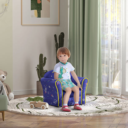 Kids Armchair with Planet Dinosaurs Design, Wooden Frame, for Bedroom, Playroom, Kids Room - Blue