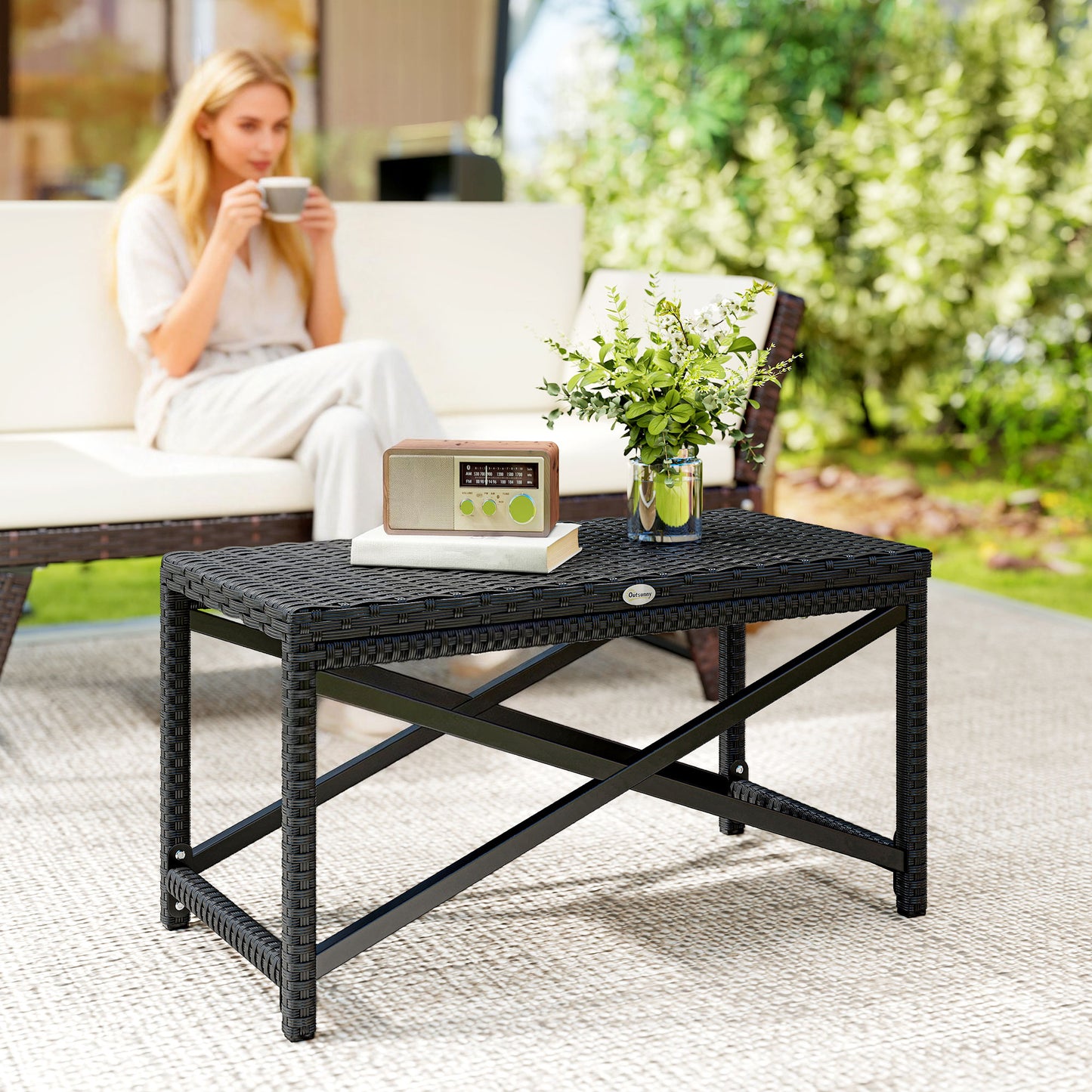 Outdoor Coffee Table Side Table with X-Shape Frame for Patio, Balcony, Black