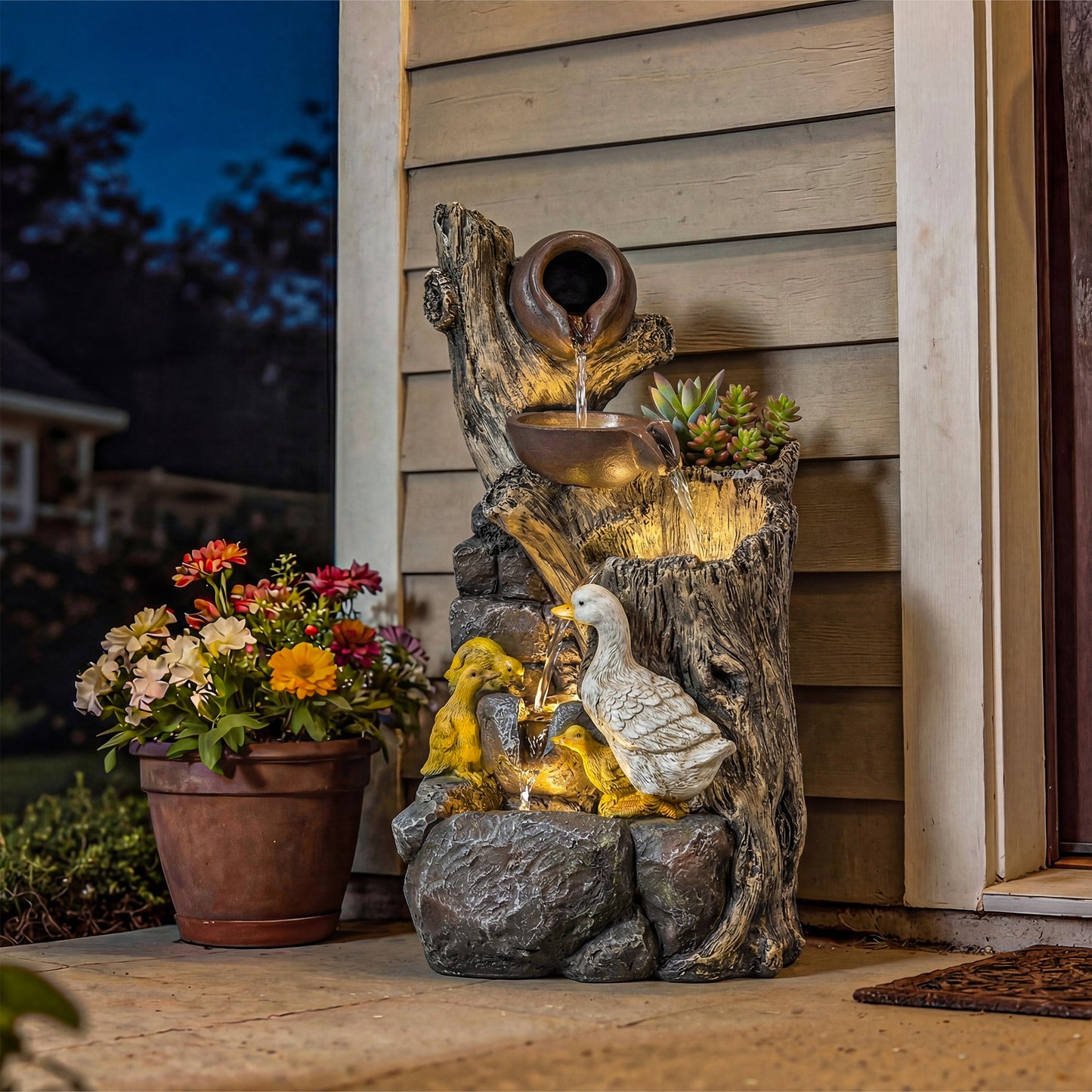 5-Tier Outdoor Waterfall Fountain, Freestanding Self-Contained Cascading Water Feature Garden Landscape